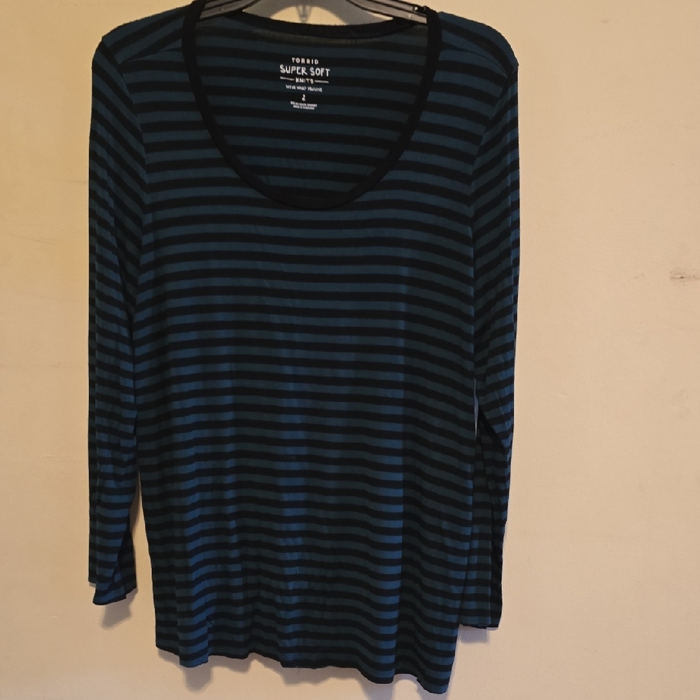 torrid Teal and Black Striped Scoop Neck Long Sleeve Tee